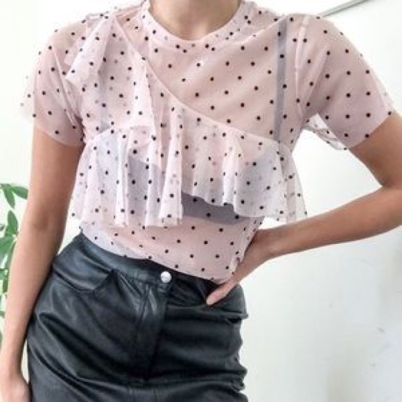 H&M Tops - H&M Light Pink Sheer Ruffle Polka Dot Shirt Women’s Size L Top